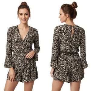 Who What Wear Small Romper Black Beige Floral Tie V Neck Bell Sleeve Button Boho